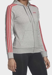 Felpa grigio con zip e strisce rosse sulle maniche, dotata di tasca a marsupio, cappuccio con coulisse e texture morbida. Logo del marchio sul petto.