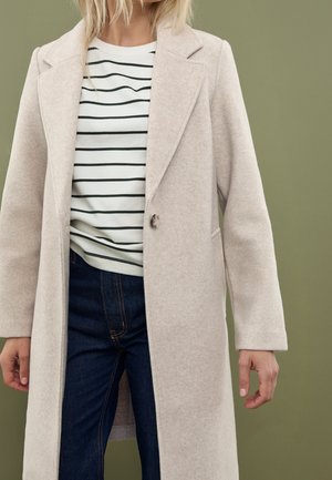 Manteau en mélange de laine beige clair avec un col à revers, fermeture à un bouton et deux poches latérales, superposé à un haut rayé blanc et un jean foncé.