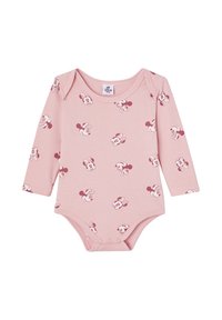 Pink long-sleeve baby bodysuit made of soft cotton fabric, featuring a repeated print of cartoon characters in burgundy and white.