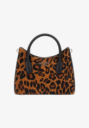 Sac à main imprimé léopard avec accents en similicuir noir, poignées arrondies sur le dessus et logo "GUESS". Texture douce et forme structurée.