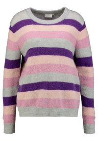 Puchaty sweter dzianinowy w poziome paski w odcieniach fioletu, różu i szarości. Posiada szeroki okrągły dekolt i długie rękawy.