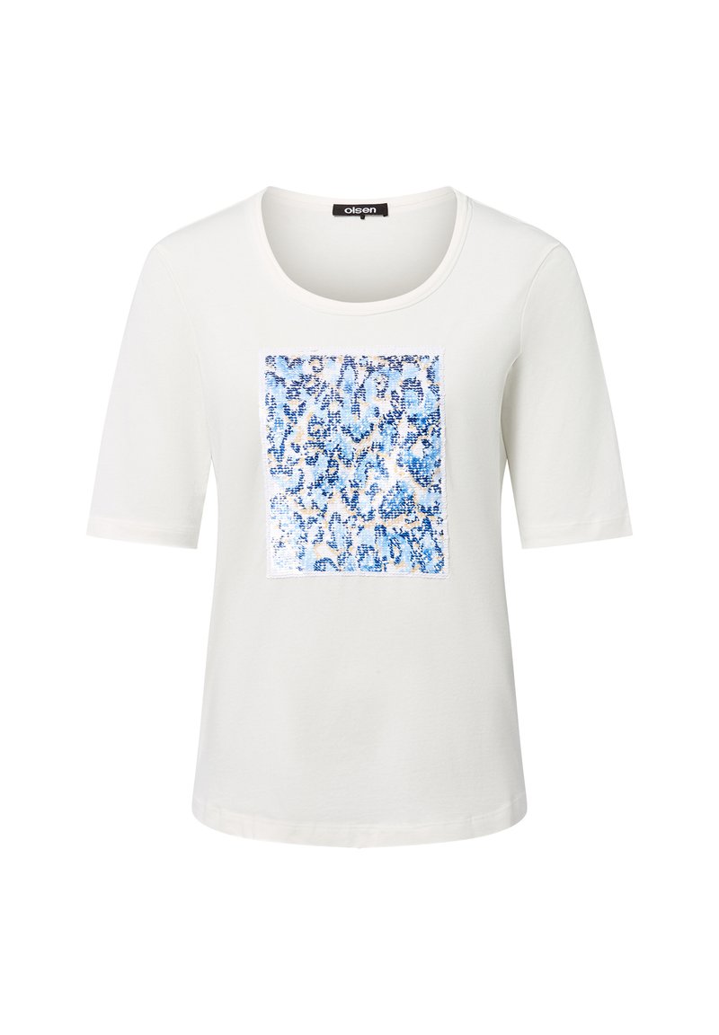 White short-sleeve T-shirt featuring a sequined square design in shades of blue with a smooth texture. Round neckline, relaxed fit.