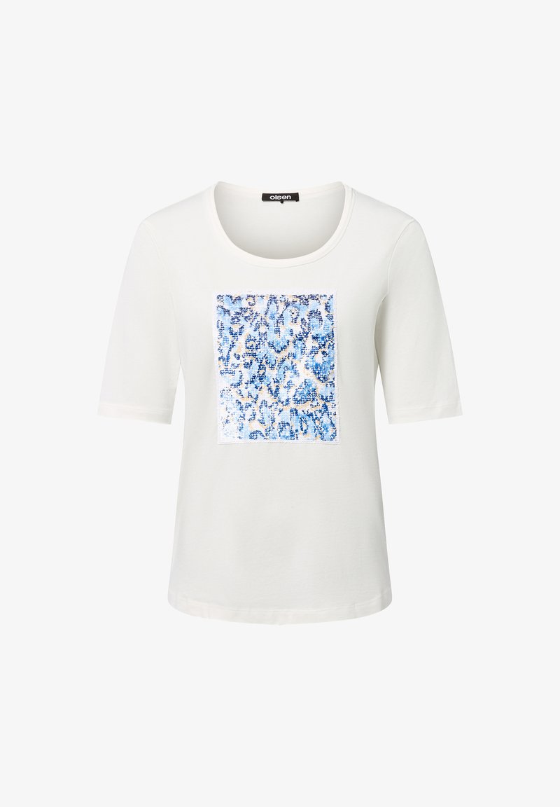 Weißes T-Shirt mit kurzen Ärmeln, das ein Paillettendesign in Blau-Tönen mit einer glatten Textur zeigt. Rundhalsausschnitt, lockere Passform.