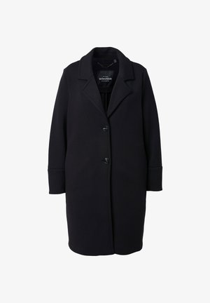 Zwarte jas gemaakt van zachte stof, met een reverkraag, twee knopen aan de voorkant en lange mouwen met brede manchetten. Recht model.
