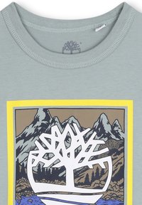 Lichtblauwe T-shirt met een ronde halslijn, met een grafische print van bergen en een boom in wit en tinten geel en bruin.