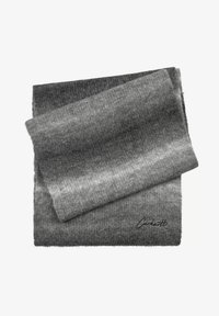 Bufanda gris tejida con un degradado de oscuro a claro, que presenta una textura suave y un pequeño logo bordado en la esquina.