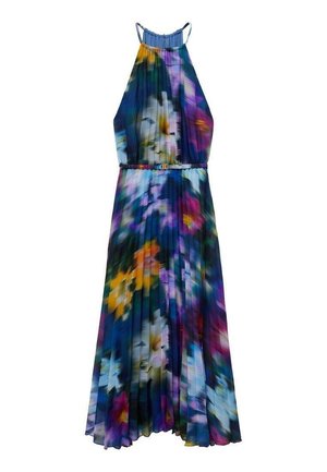 Pliseerattu halterneck-mekko, jossa monivärinen kukkakuosi sinisen, purppuran, keltaisen ja vihreän sävyissä. Mekossa on joustava vyötärö, joka luo istuvan siluetin.