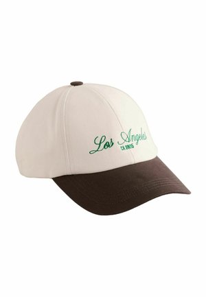 White baseball cap with brown brim and "Los Angeles CA 90015" embroidered in green on front panel.