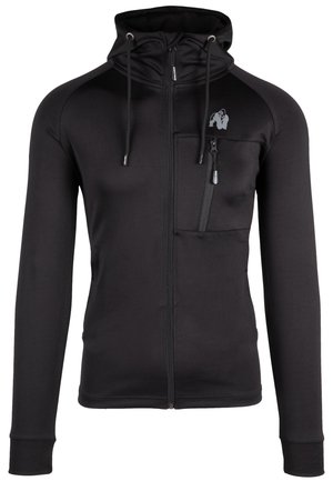 Black zip-up hoodie made of soft fabric with a fitted design. Features a high collar, adjustable drawstrings, and a zippered pocket on the chest.
