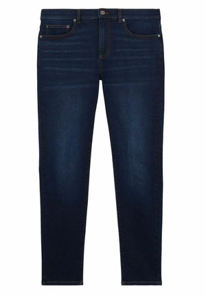 Jeanși din denim de culoare albastră închisă, cu un croi slim. Caracteristicile includ un buzunar frontal, buzunare spate și cusături contrastante de-a lungul cusăturilor.