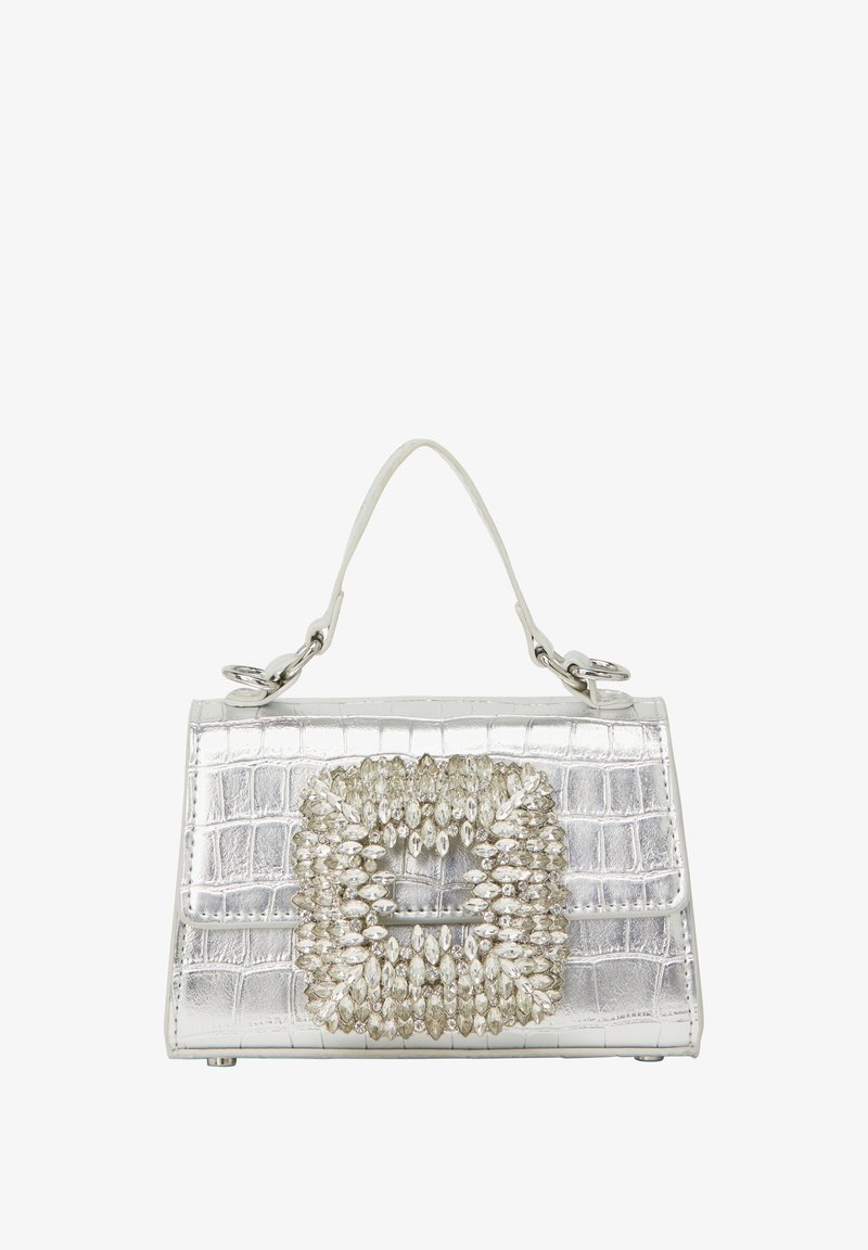 Ezüst krokodilbőr hatású kézi táska, nagyméretű ékszerzárral és letisztult téglalap alakú formával. Simább tapintású.