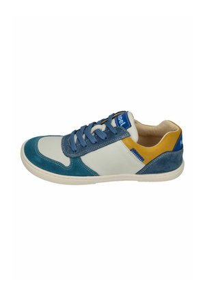 Casual low-top sneaker with blue, white, and yellow suede and leather panels, blue laces, and a white rubber sole.