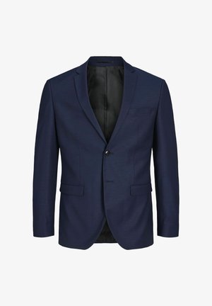 Navy blue blazer made of textured fabric, featuring a single button closure, two front pockets, and a black inner lining.