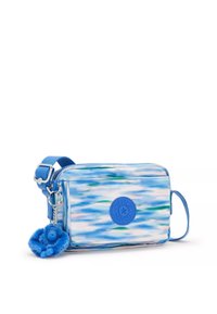Borsa a tracolla blu con motivo, realizzata in tessuto resistente, con chiusura a zip, tracolla regolabile e un dettaglio di portachiavi a forma di scimmia blu pelosa.