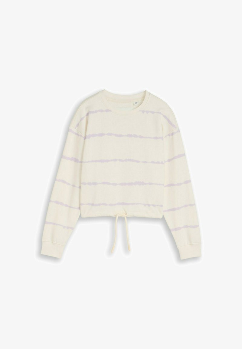 Sweat-shirt court à manches longues couleur crème avec des rayures horizontales violet clair et un cordon au bas.
