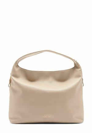 Helles beige Handtasche mit glatter Textur und einem einzelnen Schulterriemen. Der Markenname "LIU.JO" ist goldfarben auf der Vorderseite geprägt.