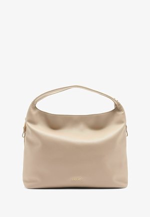 Light beige handbag with a smooth texture and a single shoulder strap. The brand name "LIU.JO" is embossed in gold on the front.