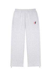 Helle graue Sweatpants aus weichem Material, mit einem elastischen Bund, geraden Beinen und einem kleinen Logo in Pink und Schwarz an der Seite.