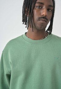 Light green sweatshirt made of soft fabric, featuring a crew neck and subtle embroidery on the chest. Detailed texture visible.
