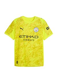 Ljusgul sporttröja med abstrakt mönstrad textur, korta ärmar, rund halsringning, med svart logotyp och text.