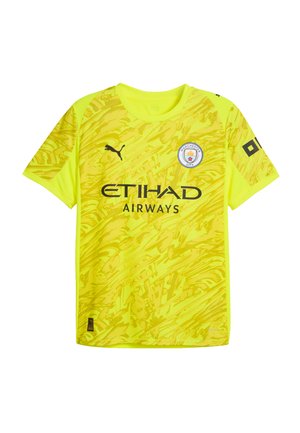 Heldere gele sporttrui met abstracte patroonstructuur, korte mouwen, ronde hals, met zwart logo en lettering.