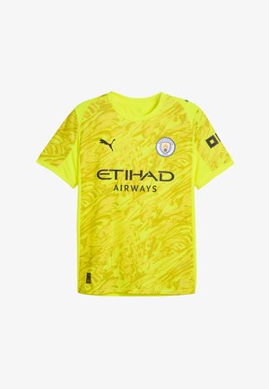 Maglia sportiva gialla brillante con texture a motivo astratto, maniche corte, colletto tondo, con logo e scritte nere.