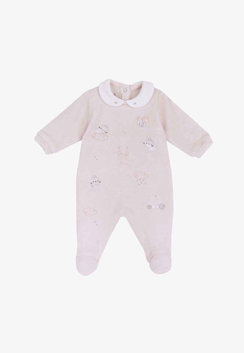 Body bébé rose clair à manches longues avec col blanc, décoré de chats brodés, de nuages, d’un château et d’un petit nœud sur la poitrine.