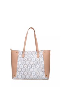 Borsa a tracolla con tessuto a motivo esagonale in morbidi pastelli e dettagli in finta pelle rosa chiaro. Presenta due manici resistenti e hardware dorato.