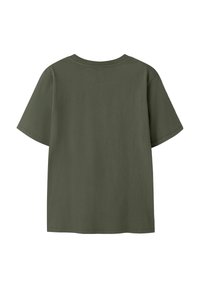 Effen donkergroene T-shirt met korte mouwen, gezien vanaf de achterkant, met een ronde halslijn en rechte zoom.