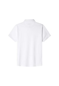 Biała koszulka polo z krótkim rękawem, w jednolitym kolorze, klasyczny kołnierzyk, wykonana z gładkiej bawełny, bez widocznych logotypów ani wzorów.