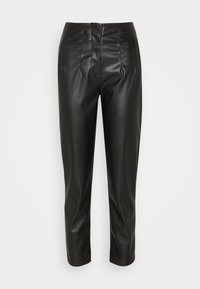 Svarta läderbyxor med en slät textur, som har en figursydd silhuett, skarpa veck och en medelhög midja. Skräddarsydd design utan synlig hårdvara.