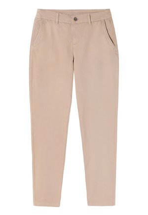 Pantaloni in cotone beige con una texture liscia, vestibilità aderente, tasche frontali e chiusura con bottone in vita. Senza fantasie o decorazioni.