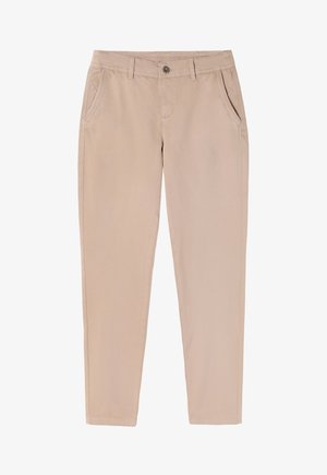 Pantaloni din bumbac bej, cu o textură netedă, croi tapered, buzunare frontale și închidere cu nasture la talie. Fără modele sau embellishments.