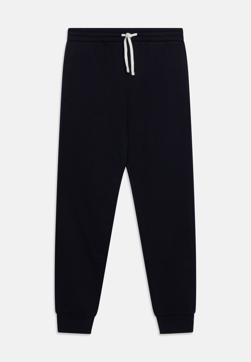 Marine joggebukser laget av mykt stoff, med elastisk midjebånd og hvit snor, sidelommer og avsmalnede mansjetter.