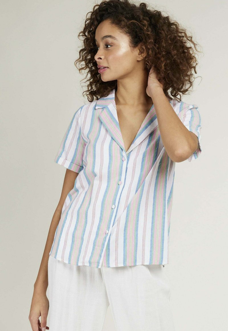 Chemise à manches courtes, à boutons, avec des rayures verticales dans des couleurs pastel sur fond blanc, dotée d'un col classique et d'une coupe décontractée.