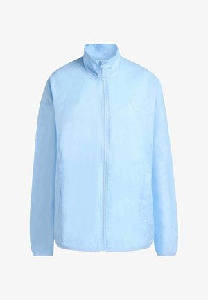 Lichtblauw windjack gemaakt van lichtgewicht stof, voorzien van een ritssluiting aan de voorkant, een hoge kraag en elastische manchetten. Subtiel logodetail op de borst.