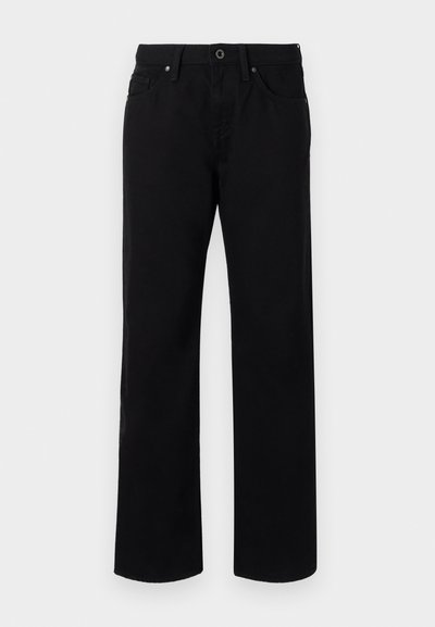 Črne hlače ravnega kroja iz bombaža, z zunanjim gumbom za zapiranje, zankami za pas in petimi žepi. Gladka tekstura brez vzorcev.