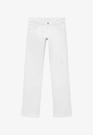 Białe dżinsy z prostym krojem nogawki, pięcioma kieszeniami i zapięciem na guziki z przodu. Gładki materiał z minimalnie widocznymi szwami.
