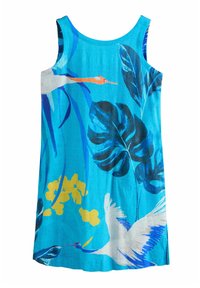 Blaues ärmelloses Kleid aus leichtem Stoff mit tropischen Blumen- und Vogelmotiven, verziert mit grünen Blättern und gelben Akzenten.