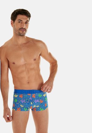 Homme torse nu ajustant un boxer bleu avec des motifs colorés de papillons et de fleurs, debout devant un fond blanc uni.