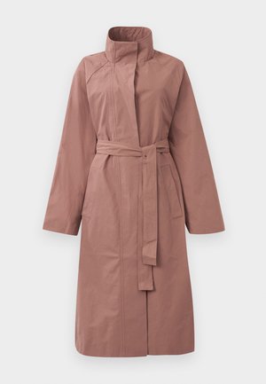 Long mauve trench coat with belt, high collar, long sleeves, and front pockets, displayed against a plain background.