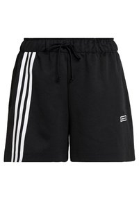 Černé sportovní šortky s bílým designem tří pruhů po stranách, elastickým pasem, nastavitelným stahovacím šňůrkem a nášivkou s logem.