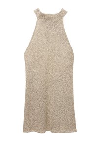 Knit halter dress in beige with a textured finish. Features a high neckline and sleeveless design, flaring gently towards the hem.