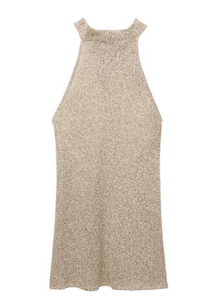 Rochie halter tricotată în bej, cu un finisaj texturat. Prezintă un decolteu înalt și un design fără mâneci, lărgindu-se ușor spre margine.