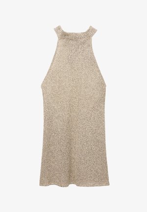 Robe dos nu en tricot beige avec une finition texturée. Présente un col haut et un design sans manches, s'évasant doucement vers l'ourlet.