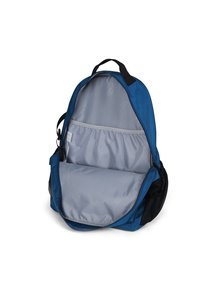 Sac à dos bleu avec des accents noirs, doté d'une large ouverture et d'un intérieur gris. Comprend une poche élastique et un matériau en tissu résistant.