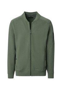 Groene bomberjack met een ritssluiting aan de voorkant, ribgebreide manchetten en twee handzakken. Gemaakt van textiel met een gestructureerde stof en schouderaccenten.