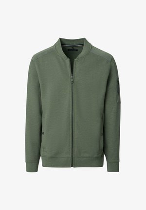 Grüne Bomberjacke mit Reißverschluss vorne, gerippten Bündchen und zwei Einschubtaschen. Aus strukturiertem Stoff mit Schulterakzenten gefertigt.