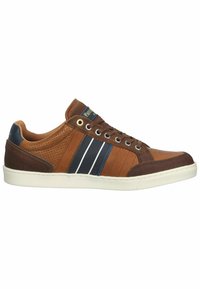 Braune Ledersneaker mit blauen Akzenten, weißen Streifendetails, einer strukturierten Oberseite, runder Zehenpartie und flacher Gummisohle.