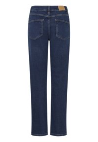 Mørkeblå jeans med lige ben, baglommer og et lædert mærke på taljen, set bagfra.